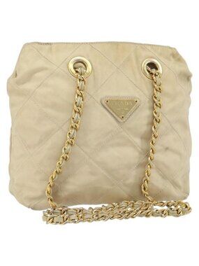 Authentic PRADA Chain Shoulder Bag Nylon Beige Gold